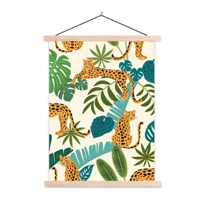 Produktbild von MuchoWow® Textilposter Dschungel - Leopard - Pflanzen - Muster - Mädchen - Jungen 40x53 cm mit holzfarbenen Rahmen - Schlafzimmer