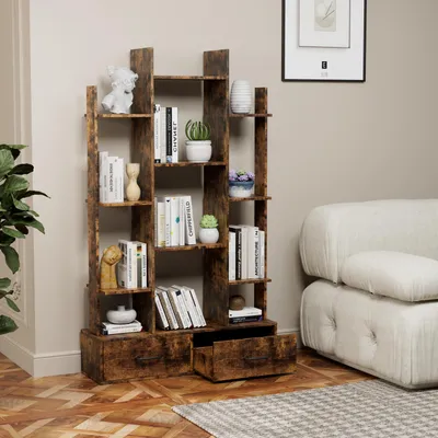 Produktbild von Bücherregal mit 2 Schubladen, Industrial, Rustikal Braun, 12 Ablagen