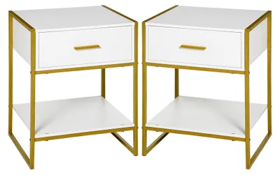 Produktbild von 2er Set Nachttische, Nachtkommoden mit Schublade und offenem Regal, Beistelltische für Schlafzimmer und Wohnzimmer, 45 x 40 x 60 cm, Weiß+Gold