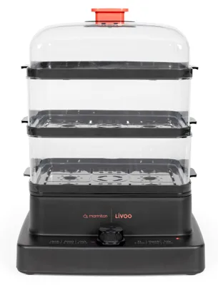A multi-tiered electric food steamer is shown against a white background.