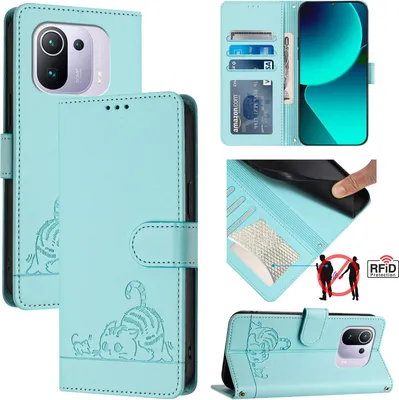 Produktbild von Leder Hülle für Xiaomi Mi 11 Pro Süße Katze Flip Case Brieftasche Schutzhülle mit Standfunktion hellgrün