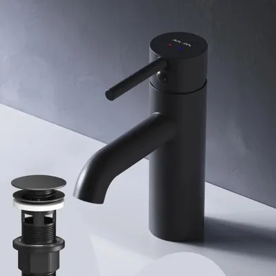 Produktbild von AM.PM Badarmatur mit Pop-Up Ablaufventil für Waschbecken Wasserhahn Bad Schwarz Waschtischarmatur mit Ablaufgarnitur Ventil Ablauf