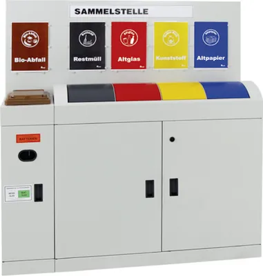 Produktbild von Wertstoffsammlerstation für 7 verschiedene Abfallarten inkl. Altbatterien | 4x45 + 27 Liter, HxBxT 146x136,5x34cm | Lichtgrau/Anthrazitgrau/Feuerrot/Signalgelb/Enzianblau