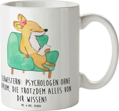 Produktbild von Mr. & Mrs. Panda Trinkbecher Schwestern Psychologen - Weiß - Geschenk, Kaffeebecher, Geschwisterliebe, lieben, Pott, Becher, Geschwister, Schwester, Lächeln, Familie