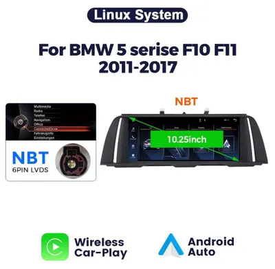 Immagine prodotto di Autoradio per BMW Serie 5 (F10/F11) - Schermo touchscreen da 10,25 pollici - Sistema NBT - Basato su Linux - CarPlay e Android Auto wireless - Installazione semplice (Plug and Play)