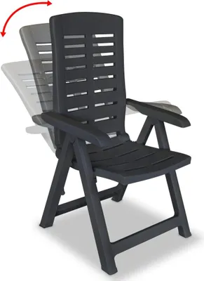 A dark gray plastic garden chair shown from a three-quarter angle, with ghosted images indicating its adjustable backrest.