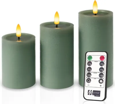 Produktbild von Meisterhome® LED Stumpenkerzen 3er-Set - LED Kerzen – Flammenlose Kerzen Rustik - Grün – Warmweißes flackerndes Licht – Mit Fernbedienung & Timer