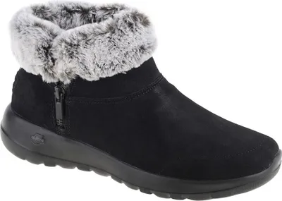 A black boot with gray fur trim.
