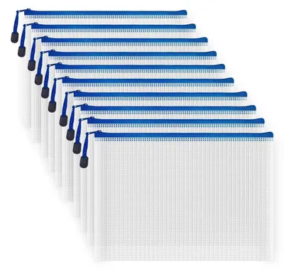 Zdjęcie produktu dla Koperty dokumentowe formatu B5, 10 sztuk, wykonane z tworzywa sztucznego, z zamkiem błyskawicznym, półprzezroczyste, wymiary 29 x 20,8 cm, kolor biały