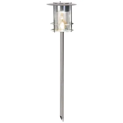A single solar-powered path light on a white background.
