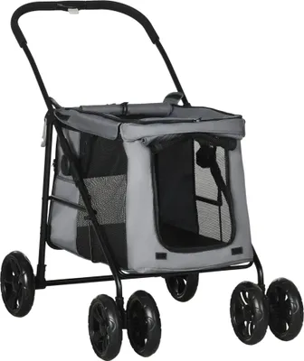 Produktbild von PawHut Hundewagen, faltbarer Hundebuggy, Hundetrolley mit Kissen, Katzenbuggy bis 20 kg, Katzenwagen für kleine und mittelgroße Hunde mit Seitentaschen, Netzfenster, Oxford-Gewebe, Grau