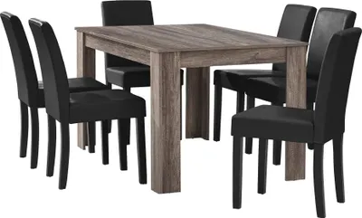 A dining table with six chairs.