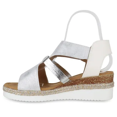 Produktbild von VAN HILL Damen Keilsandaletten Sandalette Metallic Bast Profil-Sohle Schuhe 841153, Farbe: Weiß, Größe: 41