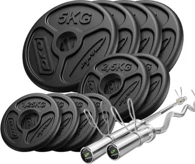 Obrázek produktu pro Sada 55kg | Olympijská tyč 180 cm + mírně zakřivená SZ tyč na kroucení 120 cm + zátěžové desky 4x5kg, 2x2,5kg, 4x1,25kg - Marbo Sport