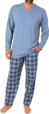 Produktbild von Normann Herren Schlafanzug lang mit Jersey Pyjama Hose in Karo Optik - auch in Übergrößen ; blau , 48