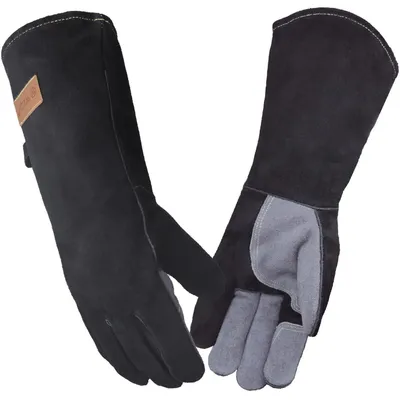 Productafbeelding van Lederen grillhandschoenen, 40 cm, vuurvast, hittebestendig, grijs-zwart, maat L