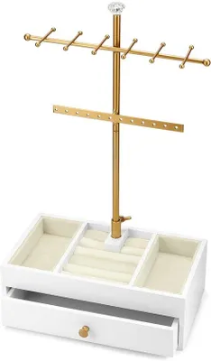 Produktbild von Zwei-fach Schmuckhalter Weiss mit Ladestation für Halsketten, Ohrringe, Ringe, Armbänder (23x12,5x38 cm)