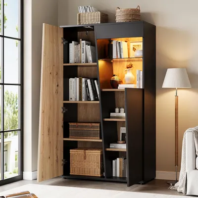 Produktbild von okwish Vitrinenschrank mit LED-Beleuchtung, Glastüren, Holzelementen und mehreren Fächern, Hochschrank Schwarz