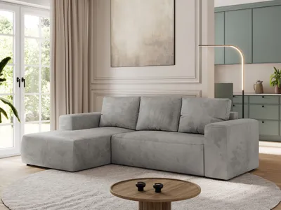 Produktbild von MKS MEBLE Sofa mit Schlaffunktion - Ecksofa mit Schlaffunktion und Bettkasten - Sofa 3 Sitzer - Schlafsofa - Couch - Schlafsofa mit Bettkasten - Trentino L - Hellgrau Velvet - Links