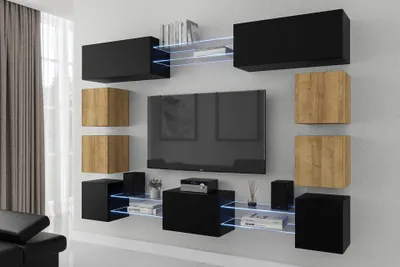 Immagine prodotto di Furnitech Parete attrezzata soggiorno - Mobili da soggiorno con LED RGB - 16 colori - Parete attrezzata moderna - Scaffali e mobile TV (Future C80N-21BDZ-M34)