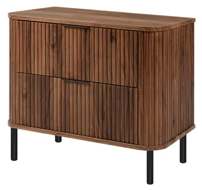 Produktbild von Stehender Badezimmerschrank mit Schubladen und Metallfüßen, Farbe Eiche-Nussbaum, Griff schwarz, Füße schwarz, 80 x 41,5 x 66,7 cm