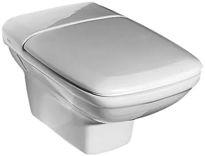 A white wall-mounted toilet with the lid closed, shown from a front-side angle against a white background.