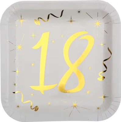 Produktbild von 10 Papp-Teller Geburtstag 18 weiß-gold