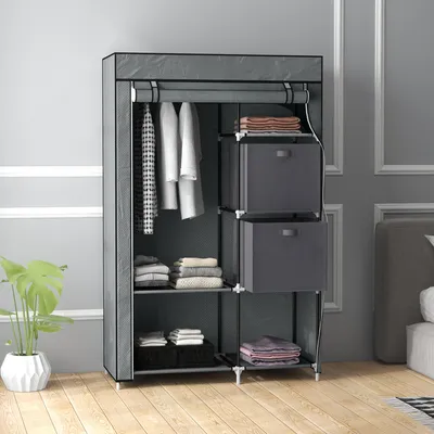 Zdjęcie produktu dla Szafa na ubrania z tkaniny, składana, z 6 półkami i drążkiem na ubrania, 102 x 162,5 x 42,5 cm; szafa garderobiana z tkaniny, zapinana na zamek błyskawiczny, kolor ciemnoszary