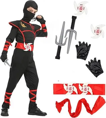 A child wearing a ninja costume and holding ninja accessories.