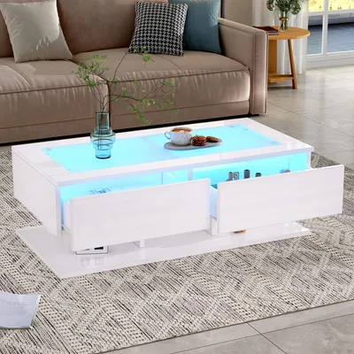 Produktbild von MODFU Couchtisch Hochglanz,Kaffeetisch mit LED-Beleuchtung+App-Steuerung,Sofatisch Wohnzimmertisch mit 2 Schubladen+Stauraum,Weiß