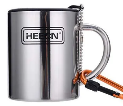 Produktbild von Camping Becher mit Deckel und Karabiner 260ml Edelstahl Thermo Doppelwandig BPA-frei