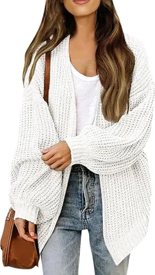 Produktbild von ASKSA Damen Cardigan Strickjacke Offene Front Strickpullover Elegant Laternenaermel Einfarbig Oversized Casual Strick Cardigan Strickmantel,Weiss,XXL