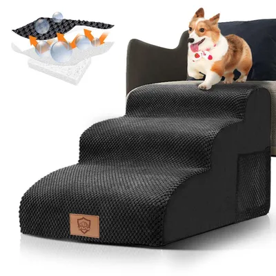Produktbild von Hundetreppe 3 Stufen, Haustiertreppe für Sofa & Bett, Schwarz, 60x40x40 cm