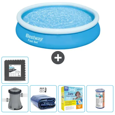Obrázok produktu pre Bestway okrúhly nafukovací bazén - 366 x 76 cm - modrý - vrátane čerpadla - balík na údržbu - filter - dlažba