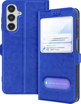 A blue flip case for a smartphone is shown, open to reveal the phone's screen with notifications and a lock icon.