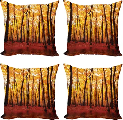 Produktbild von ABAKUHAUS Natur Kissenbezug Set (4 Stück), Herbst-Waldbäume, Moderner Doppelseitiger Digitaldruck, 45 cm x 45 cm, braun orange