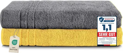 Produktbild von Komfortec 2er Saunatuch Set 80x200 cm aus 100% Baumwolle, XXL-Saunatücher, Sauna Handtuch, Weich, Groß, Frottee, Schnelltrocknend, Anthrazit Grau/Gelb