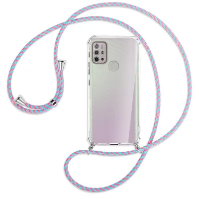 Produktbild von Handykette Backcover-Schutzhülle mit Band (Metall silberfarben) für Motorola Moto G10 (Power), G20, G30 - pink/mint