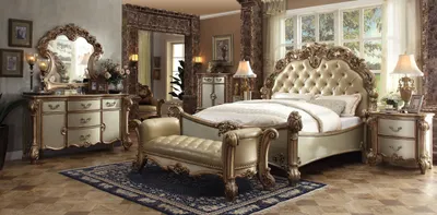 Image de Chambre à coucher ensemble complet meubles tables de chevet commode lit 7 pcs bois baroque nouveau
