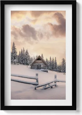 Produktbild von Landschaft einer Berghütte im Winter und bei Sonnenuntergang– Wandbild mit Rahmen – Gerahmtes Bild  – Wanddekoration – 40x60 cm –  Schwarz