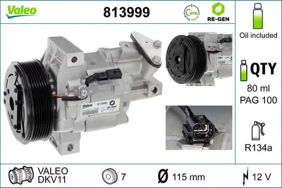 Produktbild von VALEO 813999 DKV11 Klimaanlage Klimakompressor PAG 100 R134a für DACIA SANDERO II für RENAULT Sandero / Stepway II (B8) Logan / Stepway II Limousine