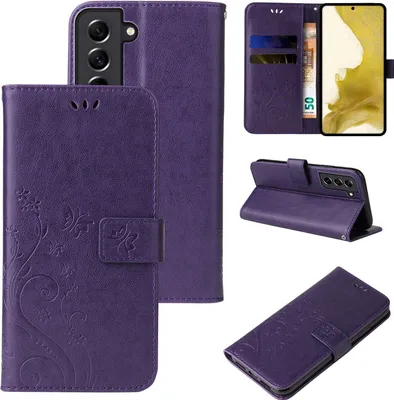 A collage of images showing a purple floral butterfly flip phone case from different angles.