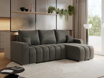 Produktbild von MKS MEBLE Sofa mit Schlaffunktion - Ecksofa mit Schlaffunktion und Bettkasten - Sofa 3 Sitzer - Schlafsofa - Couch - Schlafsofa mit Bettkasten - Kirasso L - Dunkelgrau Velvet