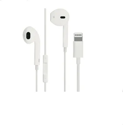 A pair of white wired earphones with a lightning connector and an inline remote with microphone.