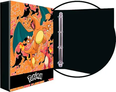 An open binder with a colorful Pokemon design on the cover.
