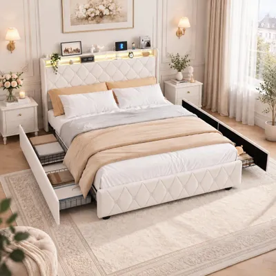 Obrázek produktu pro Postel INONEFT, rozměr 160x200 cm, čalouněná, s LED osvětlením a USB porty, dvojlůžko se 4 zásuvkami, postel pro mládež s úložným prostorem v čele, potah z flanelu, barva béžová