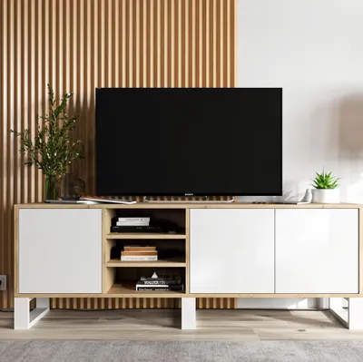 Produktbild von TV Lowboard Apollo Lindner Möbel, TV Schrank, Fernsehschrank und Sideboard, 3 Türen, in Wotan Eiche matt und Weiß matt, Maße 150 x 53 x 35 cm