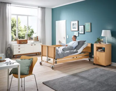 Produktbild von Pflegebett DALI Standard mit Bluetoothhandschalter 90x200 cm Holz>>>>