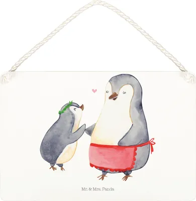 Produktbild von Mr. & Mrs. Panda Schild Pinguin mit Kind DIN A5 - Weiß - Geschenk, Holzschild, Mama, Wandbild Holz, Muttertag, wandtafel, Mom, Mutter, Türschild, Vorbild, Lieblingsmensch