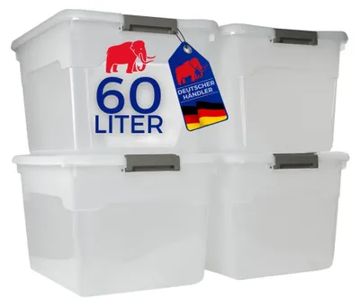 Produktbild von SuperSparSet 4x Aufbewahrungsbox mit Deckel & Rollen | Extra Groß, 60 Liter | HxBxT 34x58x43cm | Kunststoff, Transparent | Stapelbar | Plastikbox Kunststoffbox Stapelbox Aufbewahrungsbehälter